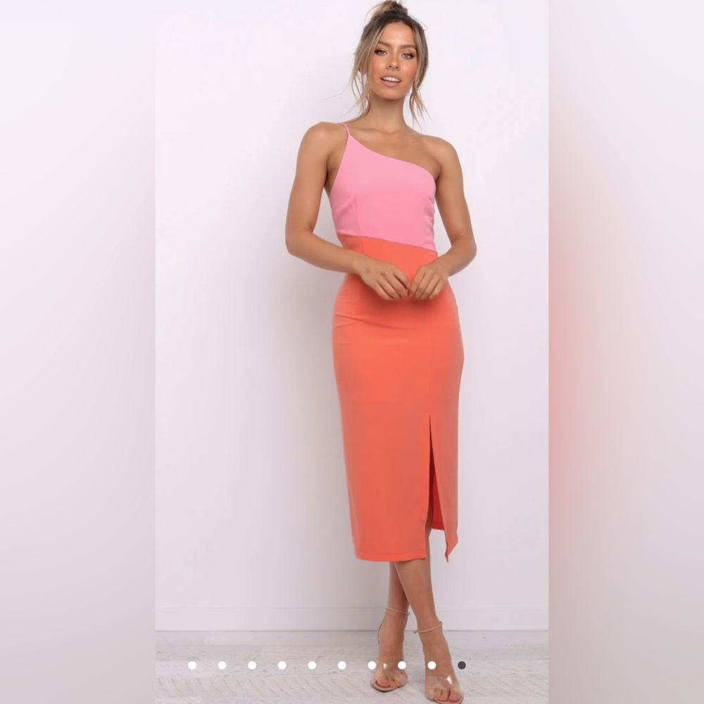 Petal & Pup Pink and Orange One-Shoulder Midi Dress